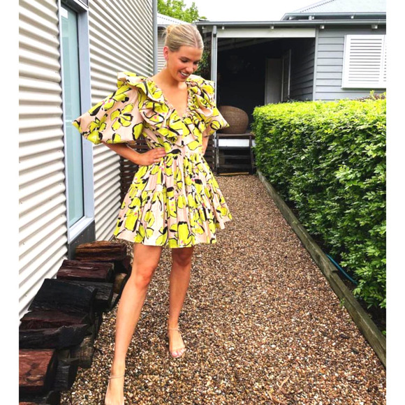 Aje Mini Dress Pelicano Floral‎ Green Chartreuse Tan Balloon Sleeve Ruffle Sz 8 - Picture 13 of 13